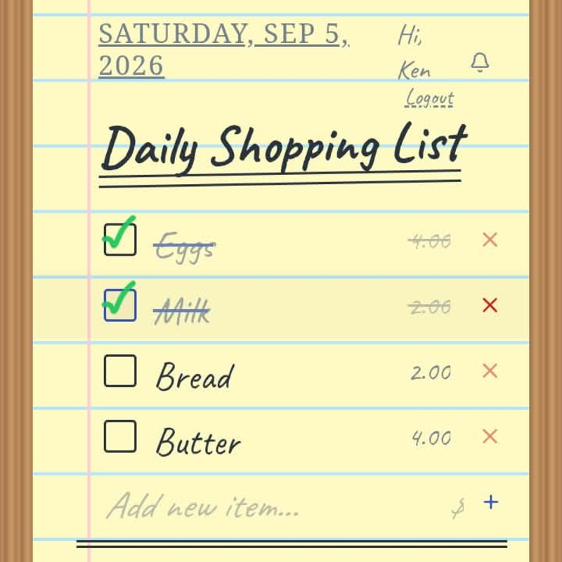 Screenshot of the Daily Shopping List app showing a notepad-style checklist with eggs and milk checked off, bread and butter remaining, and a running total